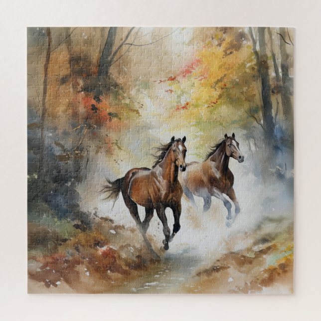 Wild Horses Running Forest Watercolor Jigsaw Puzzle (Vertical)