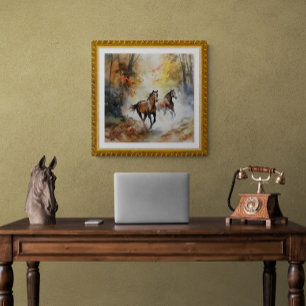 Wild Horses Running Forest Watercolor Poster