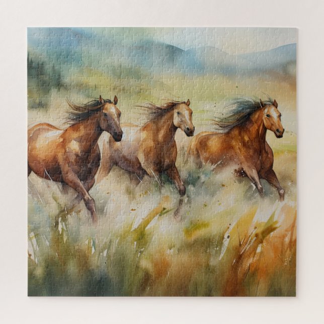 Wild Horses Running Grassy Fields Watercolor Jigsaw Puzzle (Vertical)