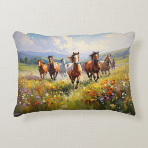 Wild Horses Running in a Wildflower Meadow Accent Pillow