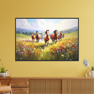 Wild Horses Running in a Wildflower Meadow Canvas Print