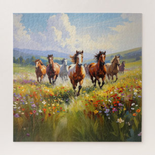 Wild Horses Running in a Wildflower Meadow Jigsaw Puzzle