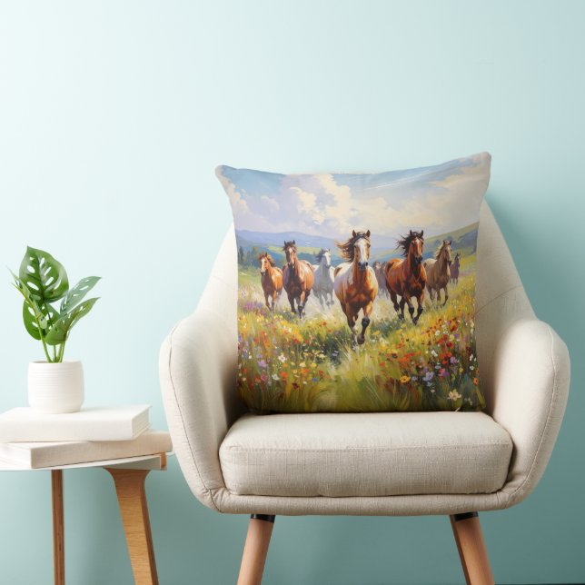 Wild Horses Running in a Wildflower Meadow Throw Pillow (Chair)