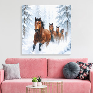 Wild Horses Running Through a Snowy Forest Canvas Print