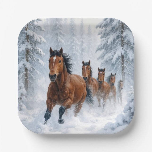 Wild Horses Running Through a Snowy Forest Paper Plate (Front)