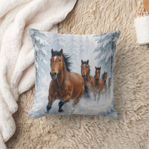 Wild Horses Running Through a Snowy Forest Throw Pillow
