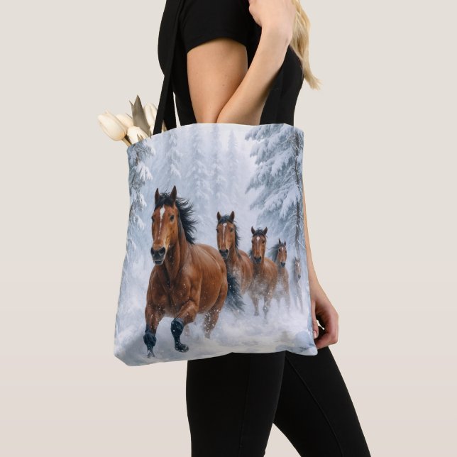 Wild Horses Running Through a Snowy Forest Tote Bag (Close Up)