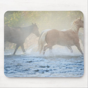 Wild horses running through water mouse pad