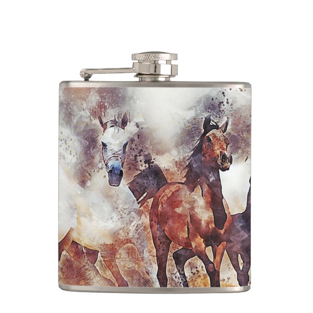 Wild Horses Watercolor Artwork Hip Flask (Front)