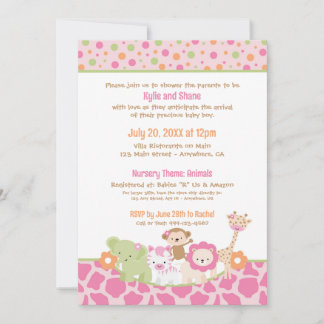 Wild Jungle Animals Baby Girl Shower Invitation