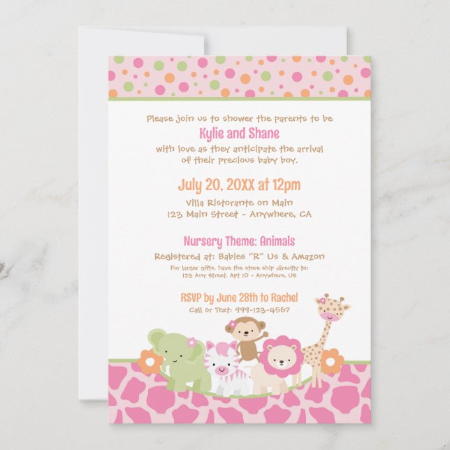 Wild Jungle Animals Baby Girl Shower Invitation (Devant)