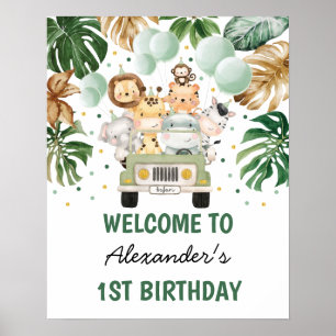 Wild Jungle Animals Greenery Gold Birthday Welcome Poster