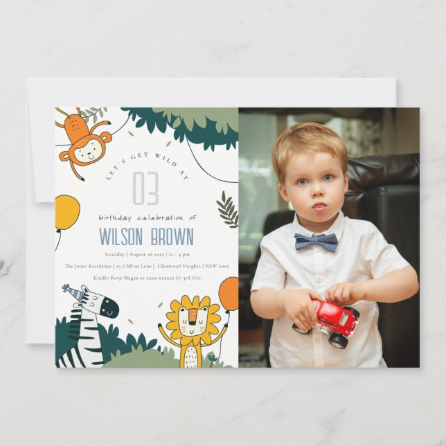 Wild Jungle Animals Kids Photo Birthday Invite (Front)
