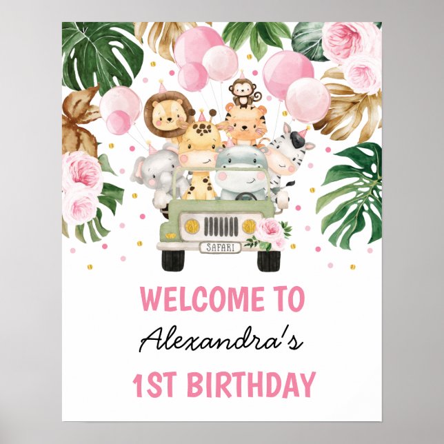 Wild Jungle Animals Pink Floral Birthday Welcome Poster (Front)