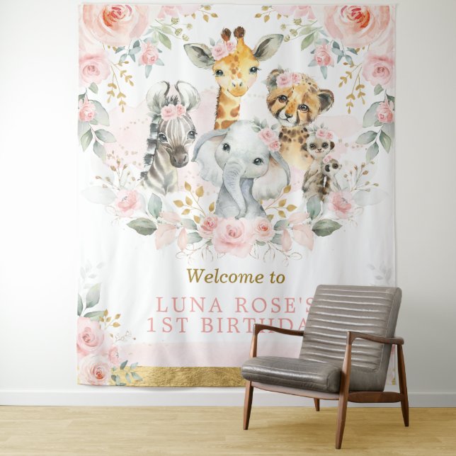 Wild Jungle Animals Pink Floral Birthday Welcome Tapestry (In Situ)