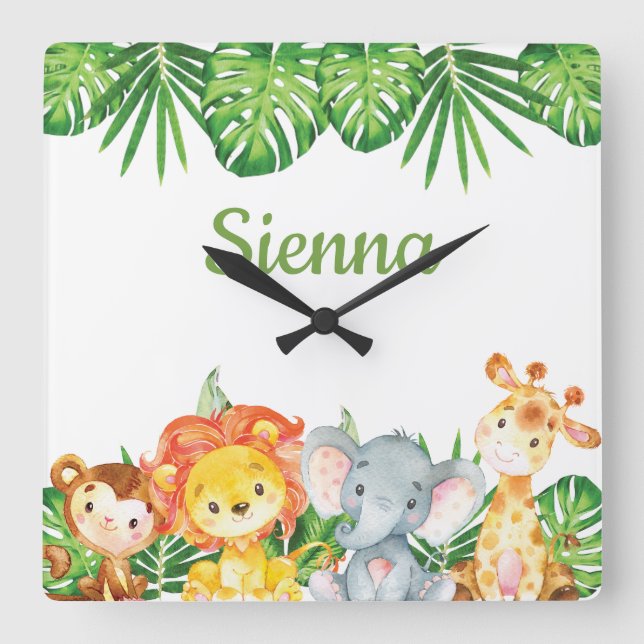 Wild Jungle Animals Safari Kids Girl Nursery Décor Square Wall Clock (Front)