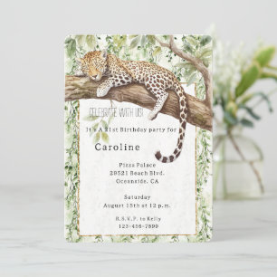 Wild Jungle Green Ivy Leopard Birthday Invitation