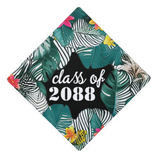 Wild Jungle Leaves Pink Yellow Hibiscus Flowers Graduation Cap Topper