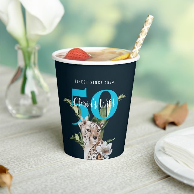 Wild Jungle Leopard Blue 50th Birthday Funny  Paper Cups (Insitu)