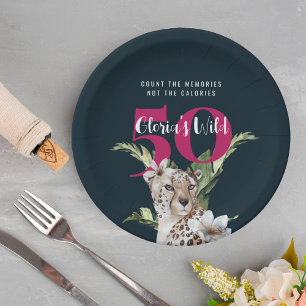 Wild Jungle Leopard Pink 50th Birthday Funny Paper Plate