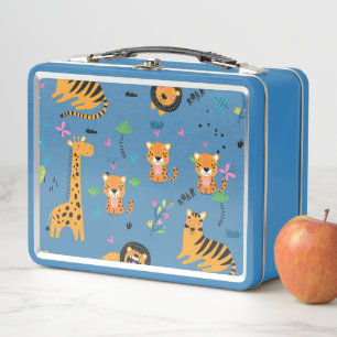 Wild Jungle Tigers Giraffes & Lions pattern Metal Lunch Box