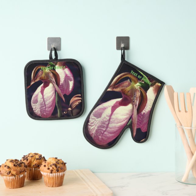 Wild Lady Slipper Orchid Flowers Personalized Oven Mitt & Pot Holder Set (Insitu(Hanging))