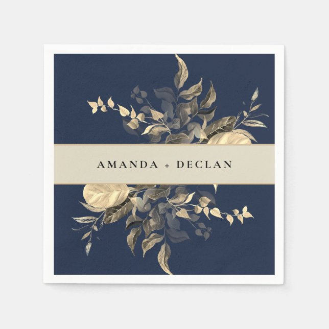 Wild Leaves Navy Blue Floral Wedding Napkin (Front)