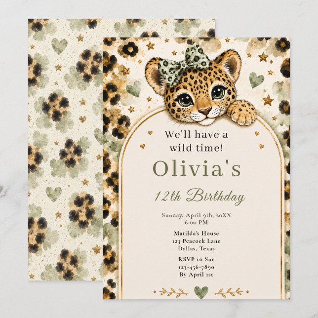 Wild Leopard 12th Birthday Party Invitation (Front/Back)