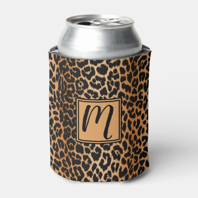 Wild  Leopard Animal Print Pattern with Monogram Can Cooler (Can Front)