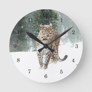 Wild Leopard in Snow Round Clock