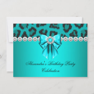 Wild Leopard Teal Bow Diamonds Birthday party Invitation