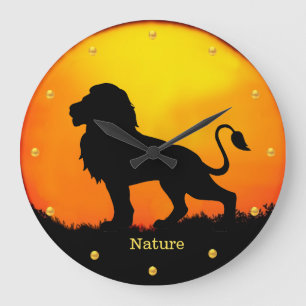 Wild lion, golden dots & sunrise on a jungle large clock