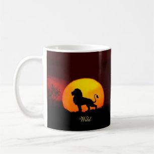 Wild lion, sunrise & calligraphy on a jungle coffee mug
