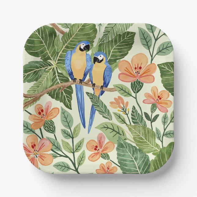 Wild Macaw Jungle Tropical Watercolor Paper Plate (Front)
