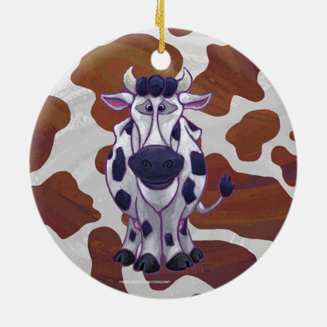 Wild me Cow Brown and White Print Ceramic Ornament (Back)
