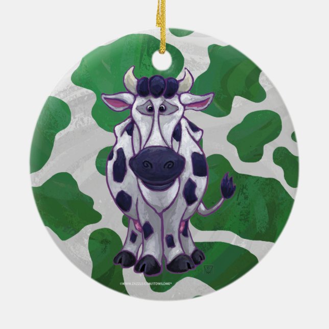 Wild Me Cow Green and White Print Ceramic Ornament (Back)