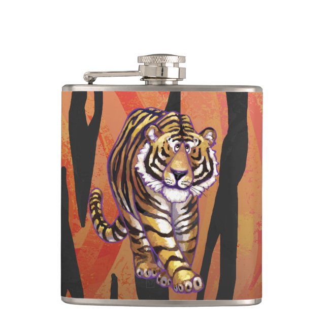 Wild Me Tiger Hot orange and Black Print Hip Flask (Front)