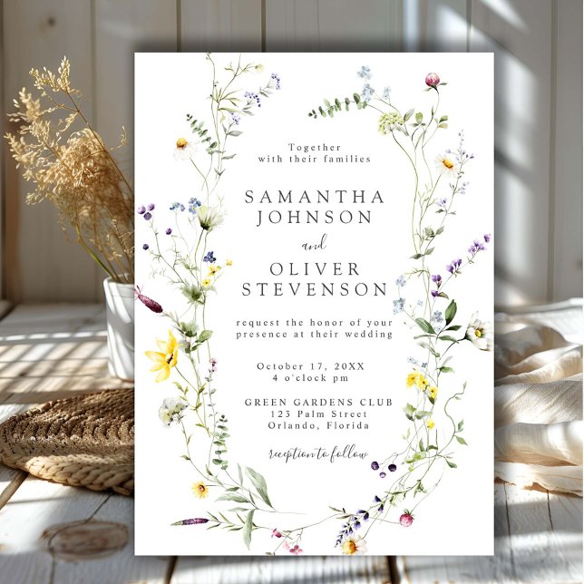 Wild Meadow Dainty Flowers Wreath Wedding Invitation (Creator Uploaded)