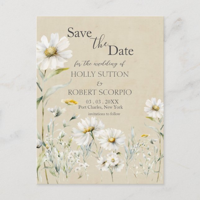 Wild Meadow Daisy Kraft Floral Save the Date Postcard (Front)