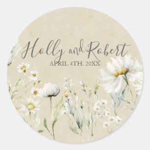 Wild Meadow Daisy Kraft Floral Wedding  Classic Round Sticker