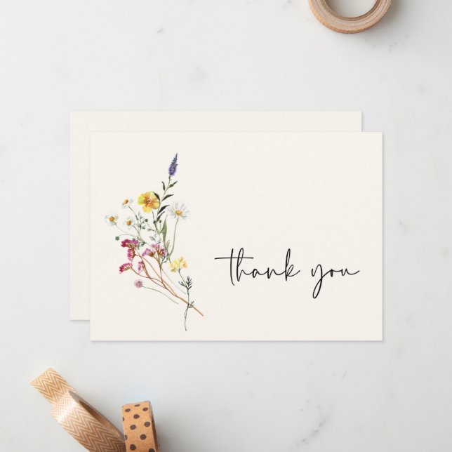 Wild Meadow Floral Bouquet Wedding Thank You Card (Front/Back In Situ)