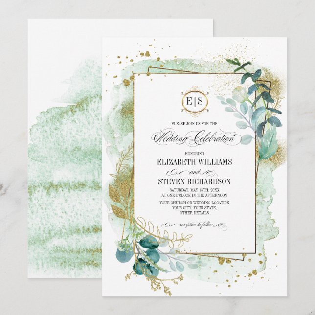 Wild Meadow | Green Botanical Geometric Wedding Invitation (Front/Back)