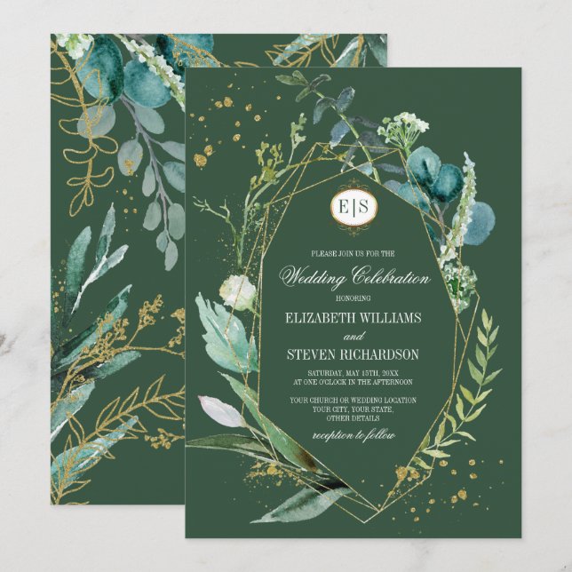 Wild Meadow | Green Botanical Geometric Wedding Invitation (Front/Back)