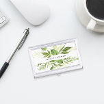 Wild Meadow | Personalized Business Card Holder<br><div class="desc">Elegant botanical business card holder features your name and/or business name framed by a border of lush watercolor leaves in shades of fern and forest green,  on a crisp white background. Matching business cards and accessories also available.</div>