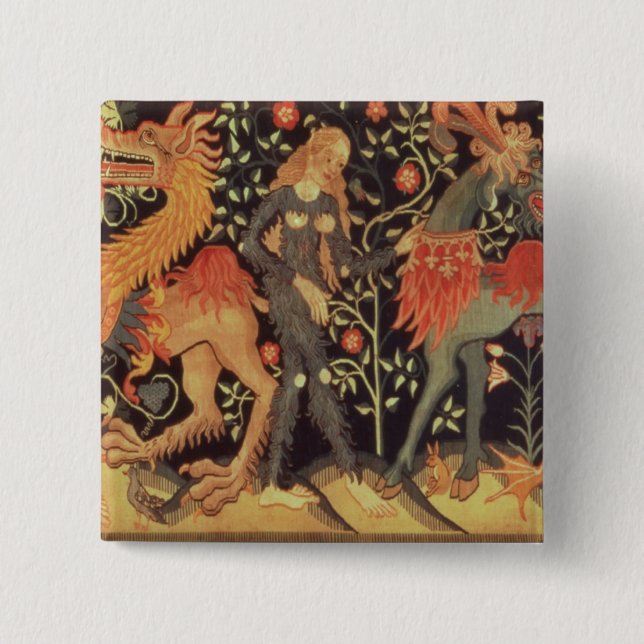 Wild Men and Animals, tapestry, 15th century 2 Inch Square Button (Front)