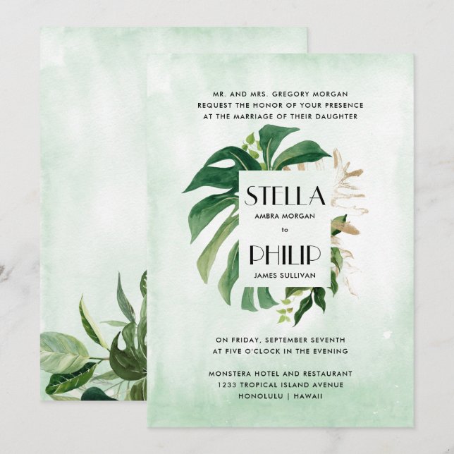 Wild  monstera tropical gold leaves formal wedding invitation (Front/Back)