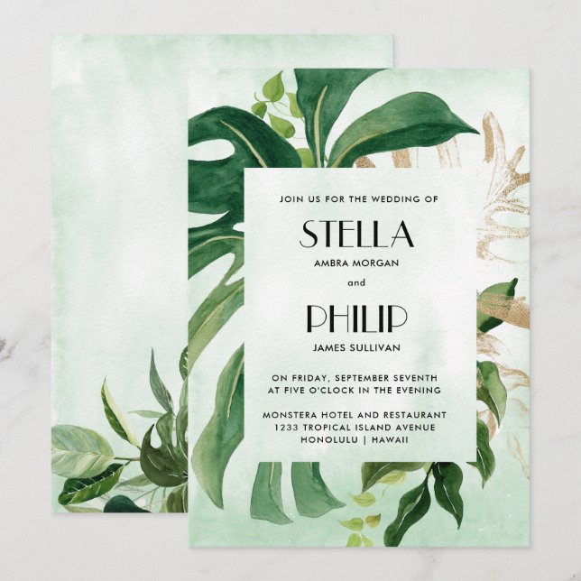 Wild  monstera tropical gold leaves wedding invitation (Front/Back)
