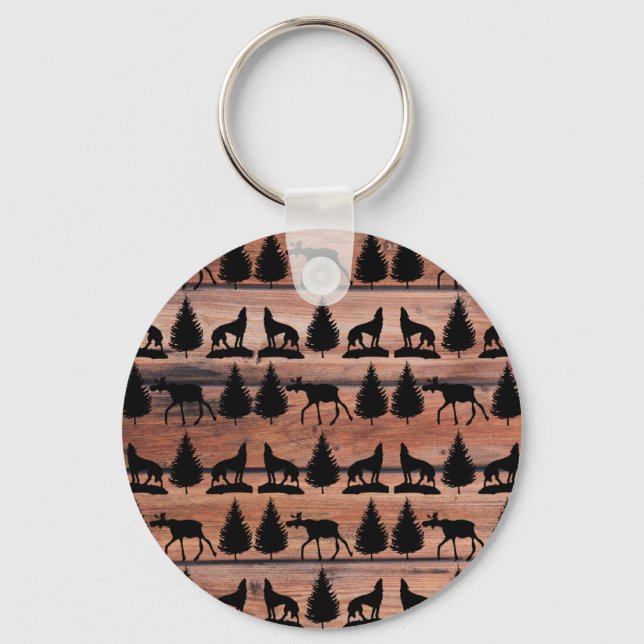 Wild Moose Wolf Wilderness Mountain Cabin Rustic Keychain (Front)