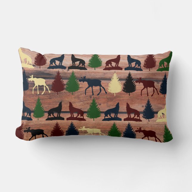 Wild Moose Wolf Wilderness Mountain Cabin Rustic Lumbar Pillow (Front)