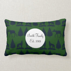 Wild Moose Wolves Pine Trees Rustic Green Navy Lumbar Pillow